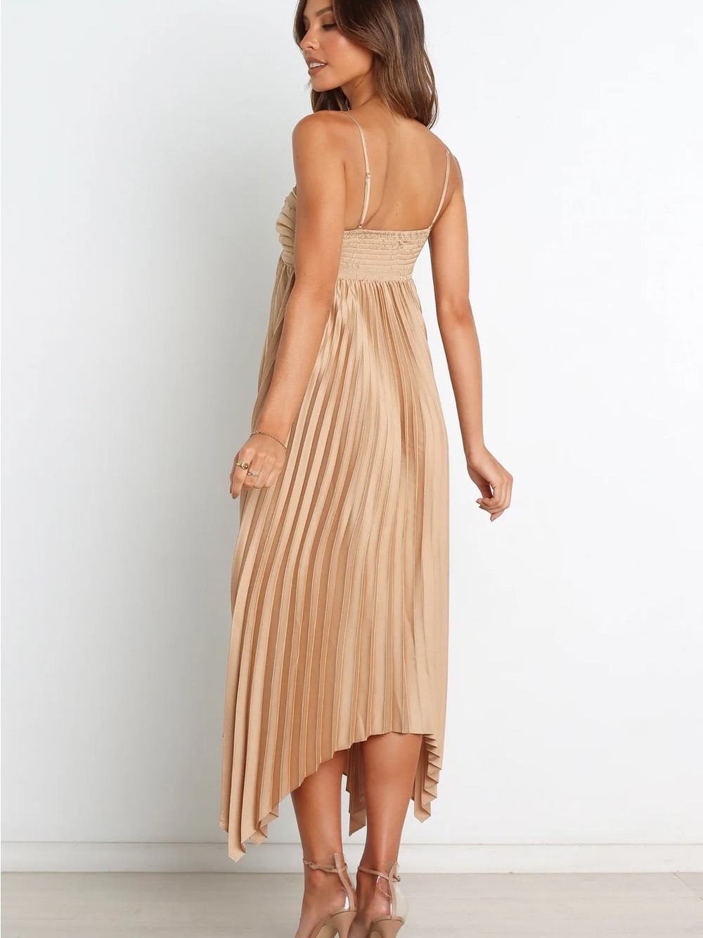 Pleated Beige/gold Midi Dress with Spaghetti Straps